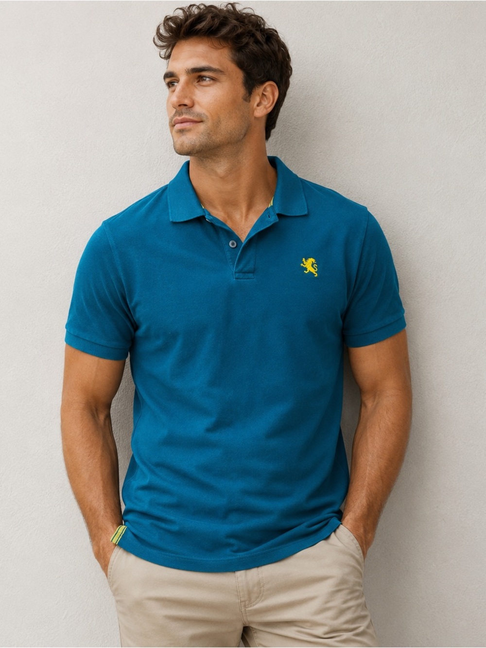 Express Men's Fitted Blue Knit Polo Shirt Yellow Embroidered Logo Size M